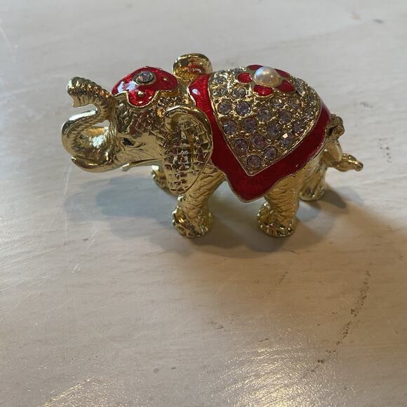 Gold Metal W/Red Jewels Elephant Trinket Box - Picture 1 of 3